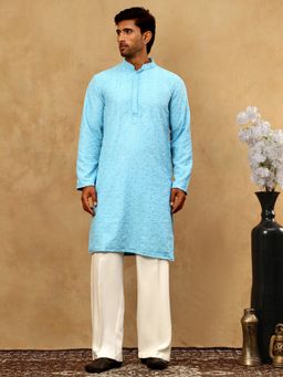 Jompers - Men Cotton Blue Chikankari Sequins Kurta with Pyjama