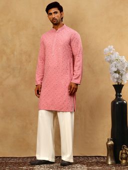 Jompers - Men Cotton Coral Chikankari Sequins Kurta with Pyjama