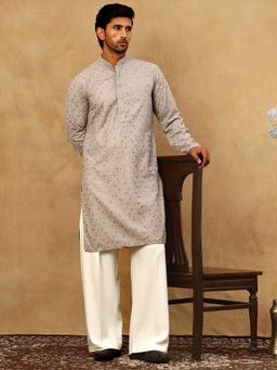 Jompers - Men Cotton Grey Chikankari Sequins Kurta with Pyjama