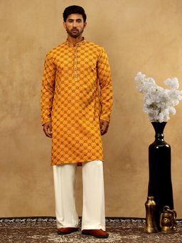 Jompers - Men Mustard Viscose Rayon Embroidered Sequin Kurta With Pyjama