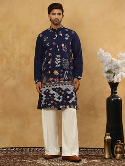 Jompers - Men Navy Blue Silk Blend Floral Embroidered Kurta With Pyjama