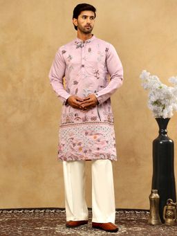 Jompers - Men Purple Silk Blend Floral Embroidered Kurta With Pyjama