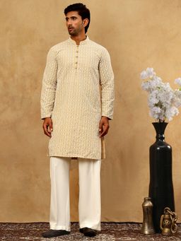Jompers - Men Chikankari Beige Cotton Kurta with Pyjama