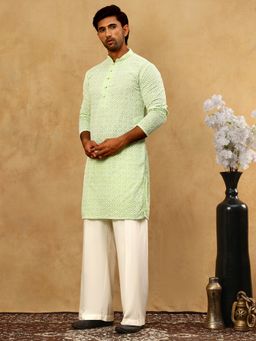 Jompers - Men Chikankari Green Cotton Kurta with Pyjama