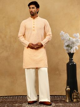 Jompers - Men Chikankari Orange Cotton Kurta with Pyjama
