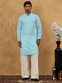 Jompers - Men Chikankari Blue Cotton Kurta with Pyjama