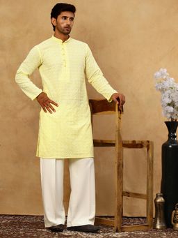 Jompers - Men Chikankari Yellow Cotton Kurta with Pyjama