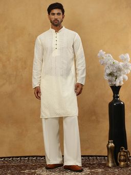 Jompers - Men Chikankari Cream Embroidered Kurta with Pyjama