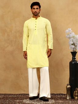 Jompers - Men Chikankari Yellow Embroidered Kurta with Pyjama