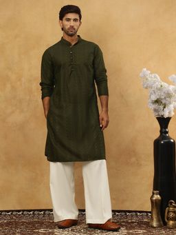 Jompers - Men Chikankari Olive Embroidered Kurta with Pyjama
