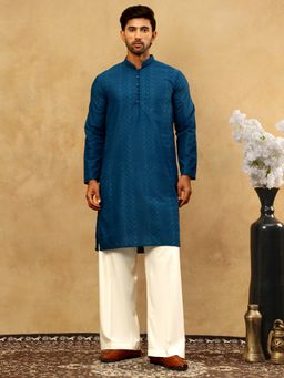Jompers - Men Chikankari Blue Embroidered Kurta with Pyjama