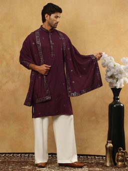 Jompers - Men Silk Purple Blend Embroidered Kurta With Pyjama And Dupatta