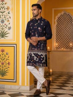 Jompers - Men Navy Blue Silk Blend Floral Embroidered Kurta With Pyjama
