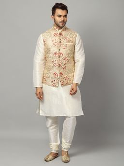Uri and MacKenzie - Men Solid Beige Kurta With Pyjama And Nehru Jacket