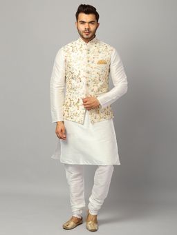 Uri and MacKenzie - Men Solid Cream Kurta With Churidar And Nehru Jacket