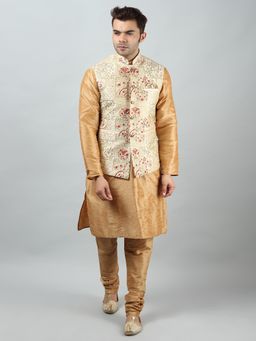 Uri and MacKenzie - Men Solid Gold Kurta With Churidar And Nehru Jacket