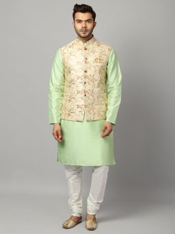Uri and MacKenzie - Men Solid Green Kurta With Churidar And Nehru Jacket
