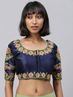 Amrutam Fab - Womens Embroidered Navy Blue Phantom Silk Blouse Round Neck