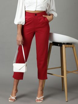 SHOWOFFFF - Women's Mid-rise Maroon Solid Mom Fit Formal Trousers