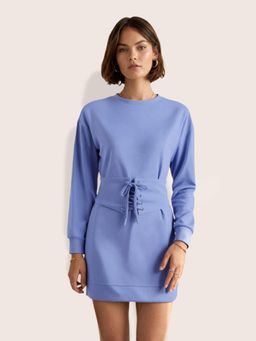 Freehand - Women Blue Relaxed Fit Solid Crew Neck Dress with Belt