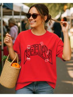 Bewakoof - Women's Red Replay Graphic Oversized T-Shirt