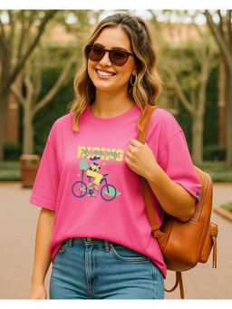 Bewakoof - Women's Fandango Pink Bike Graphic Oversized T-Shirt