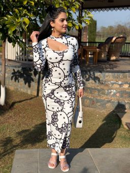 Tandul - White Kitty Printed Bodycon Dress