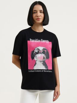 United Colors of Benetton - Women Black Round Neck Graphic T-Shirt