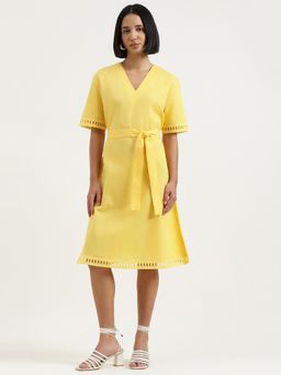 United Colors of Benetton - Women Yellow V-Neck Self Design Dress with Belt