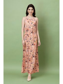 PURYS - Peach Floral Printed Noodle Strap Maxi Dress