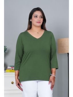 MLADA - Women Olive Causal Relaxed Fit Solid T-shirt