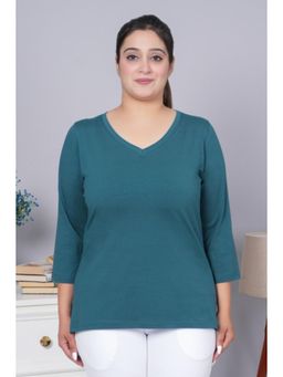 MLADA - Women Teal Causal Relaxed Fit V-Neck Solid T-shirt