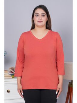 MLADA - Women Rust Causal Relaxed Fit V-Neck Solid T-shirt