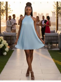 Moomaya - Satin Blue Plisse Halter Neck Mini Dress