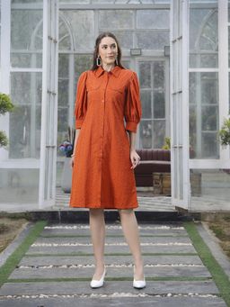 PEPPINOS - Women Rust Self Design A-Line Dress