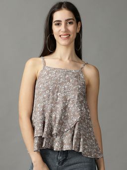 SHOWOFF - Womens Sleeveless Shoulder Straps Taupe Printed Top