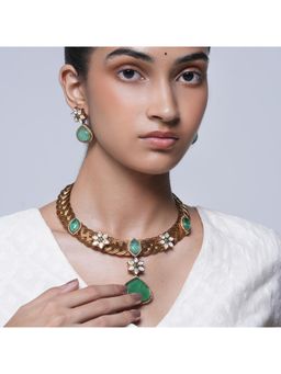 CAO JEWELLERY - Designer Golden Hasli with Green Jewellery Set