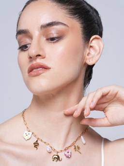 CAO JEWELLERY - 18K Gold Stainless Steel Pearl Flower Elephant Charms Necklace