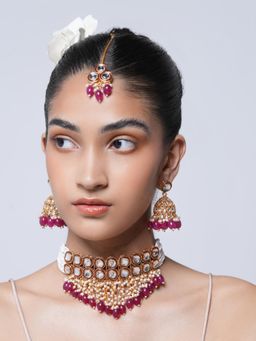 CAO JEWELLERY - Double Line Kundan Choker with Pink Stone Jewellery Set
