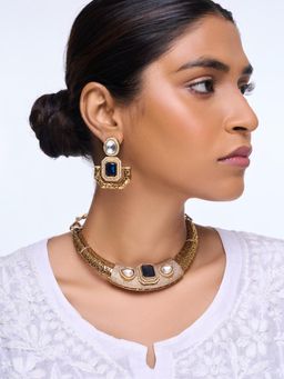 CAO JEWELLERY - Designer Golden Cz Hasli with Blue Stone Jewellery Set