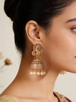 Saraf RS Jewellery - Women Gold plated Multi Colored AD Studded Peacock Temple Jhumka Earrings