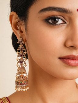 Saraf RS Jewellery - Women Gold Plated AD Studded Peacock Floral Motif Matil Earchain Jhumka Earrings