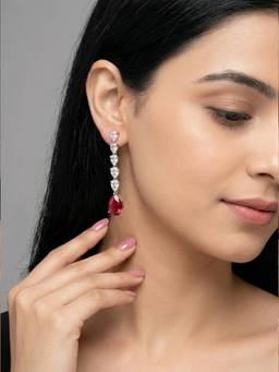 Saraf RS Jewellery - Women Rose Gold Plated Red Ruby Zircon Minimal Drop Dangler Earrings