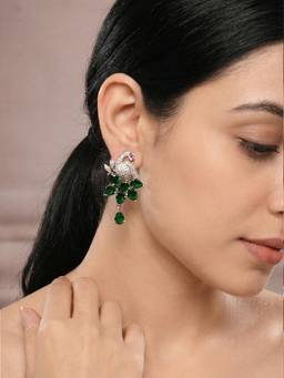 Saraf RS Jewellery - Women Silver Plated Emerald Green AD Peacock Statement Earrings