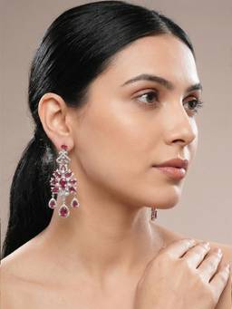 Saraf RS Jewellery - Women Silver Toned Ruby Red AD Zircon Chandelier Teardrop Cocktail Earrings
