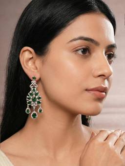 Saraf RS Jewellery - Silver Toned Emerald Green AD Zircon Chandelier Teardrop Cocktail Earrings