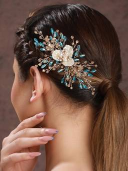 Saraf RS Jewellery - Women Gold Toned Mother Of Pearl Embellished Blue Hair Pin
