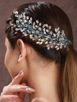 Saraf RS Jewellery - Women Silver Toned Blue Crystal Beaded Statement Hair Pin