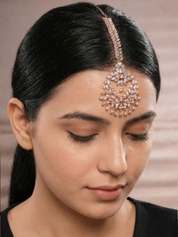 Saraf RS Jewellery - Women Rose Gold Plated White AD Zircon Studded Bridal Chandbali Maang Tikka