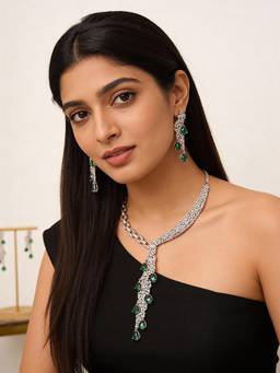 Saraf RS Jewellery - Women Silver Plated Green Emerald AD Zirconia Luxe Cocktail Bridal Jewellery Set